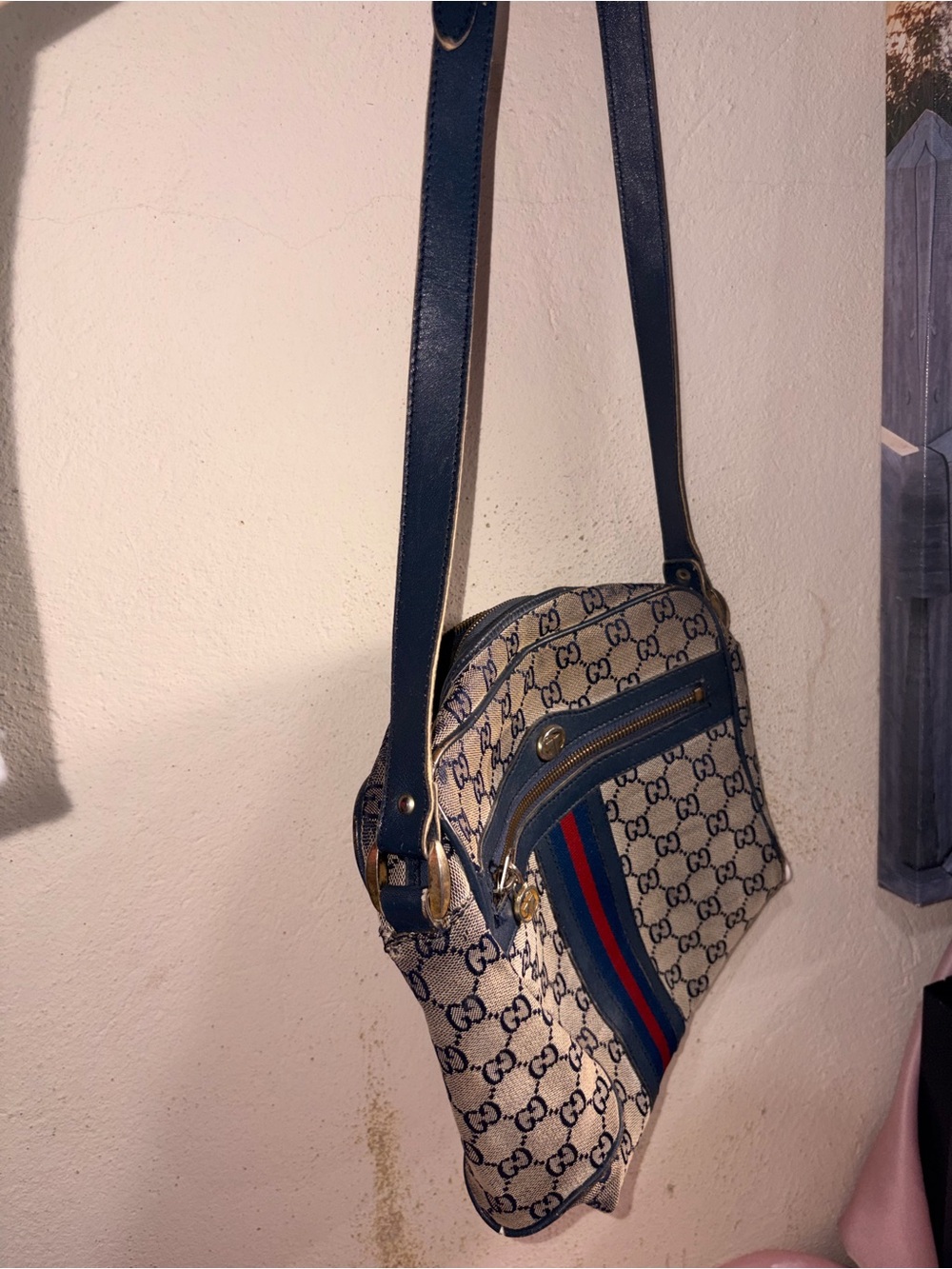 Gucci Beige GG Canvas Crossbody with Navy Trim and Red-Blue Stripe
